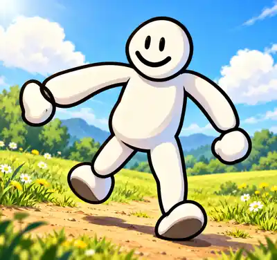 A happy white character walking through a green field of flowers